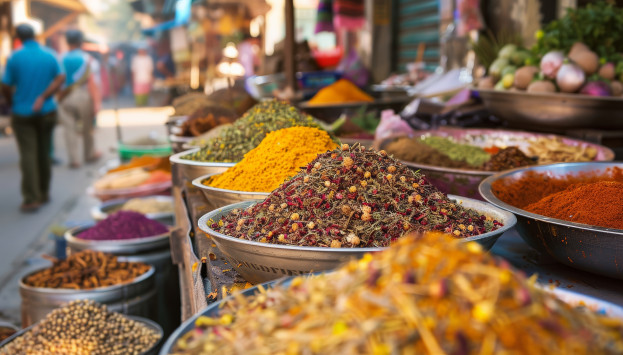 openair market with traders selling spices herbs aromatic colorful